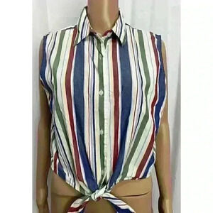 90s Striped‎ Vintage Talbots Button Up Shirt Crop Top Sleeveless Tie Front Sz L